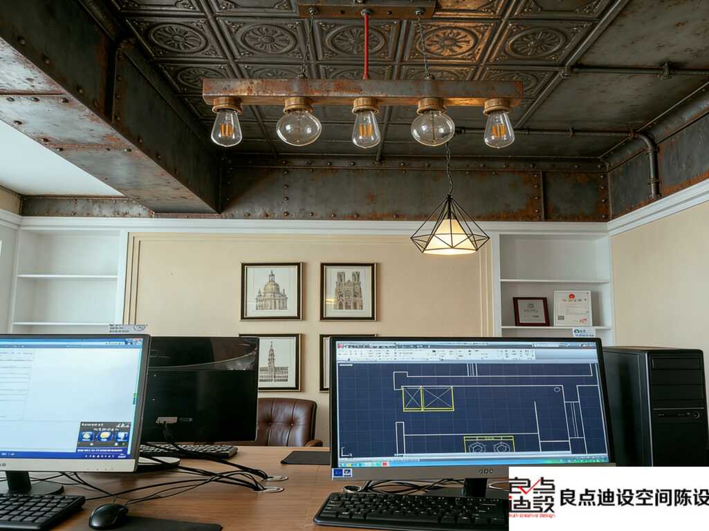 工业风办公室装修软装太绝了!旧金属天花板+复古吊灯，工作都变享受✨